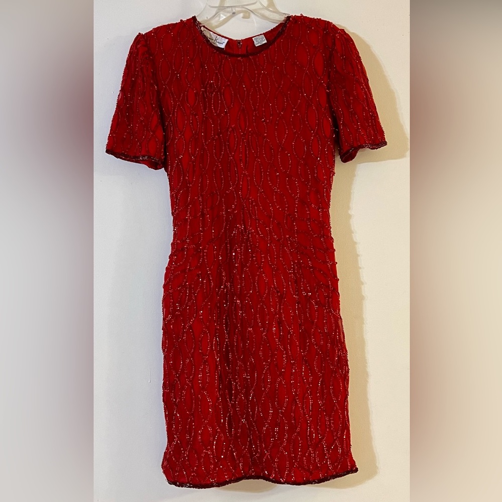 Laurence Kazar Red Sequined Mini Cocktail Dress Beaded Trim